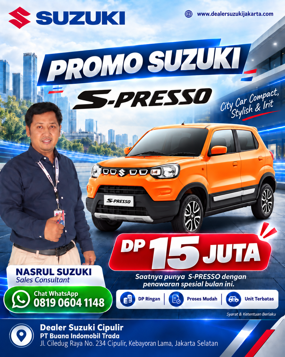 PROMO SUZUKI S-PRESSO DP 15 JUTA 2026 - DEALER SUZUKI CIPULIR JAKARTA